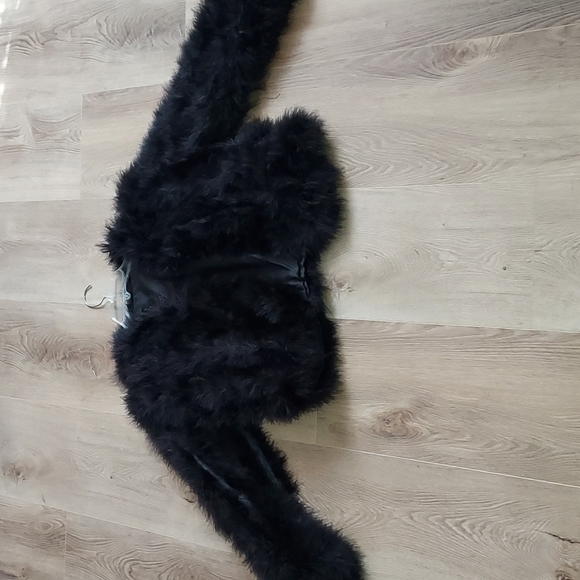 BLACK REAL FEATHER BOA MADE FUR LINED JACKET - Picture 2 of 5